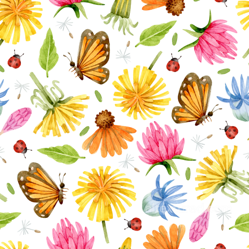 Watercolor Butterflies and Flowers on White Fabric Seamless Texture seamless Watercolor Butterflies PBR texture