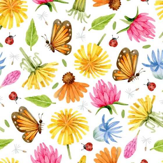 Watercolor Butterflies and Flowers on White Fabric Seamless Texture Watercolor Butterflies texture preview