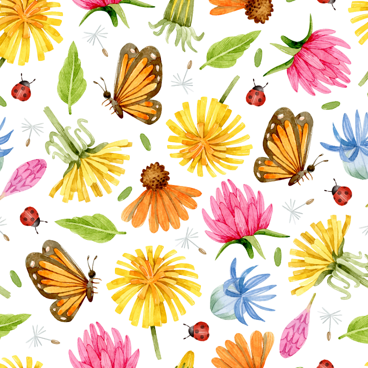 Watercolor Butterflies and Flowers on White Fabric seamless PBR texture preview