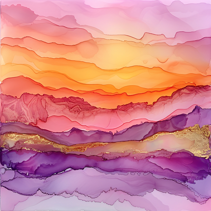 Alcohol Ink with Sunset Hues and Gold Veins seamless PBR texture preview