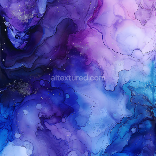 Seamless 3D Alcohol Ink PBR Texture Featuring Violet and Blue Fluid Waves with Subtle Gold Veins