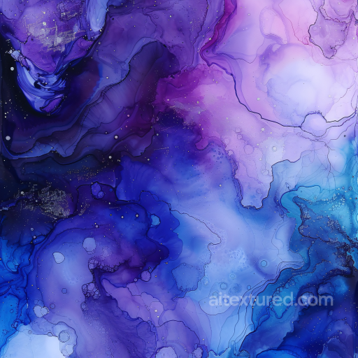 Alcohol Ink PBR Texture Featuring Violet and Blue Fluid Waves with Subtle Gold Veins seamless Alcohol ink PBR texture