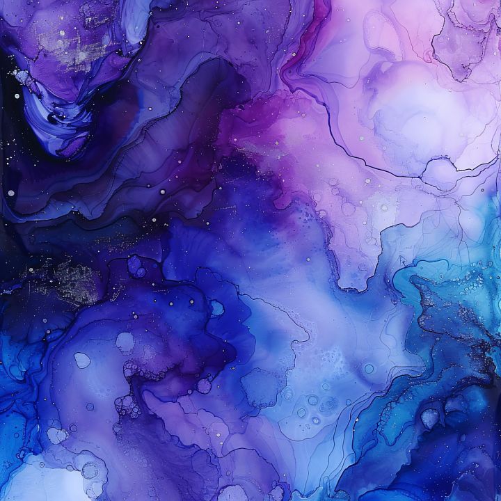 Alcohol Ink Featuring Violet and Blue Fluid Waves with Subtle Gold Veins seamless PBR texture preview