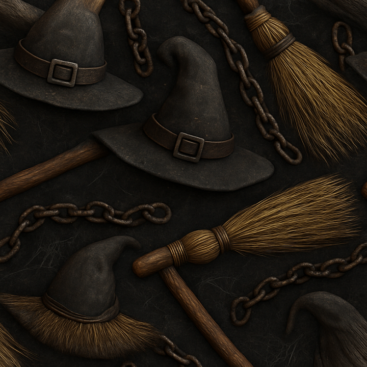 Witch Hat Felt And Broomstick Wood Halloween seamless PBR texture preview