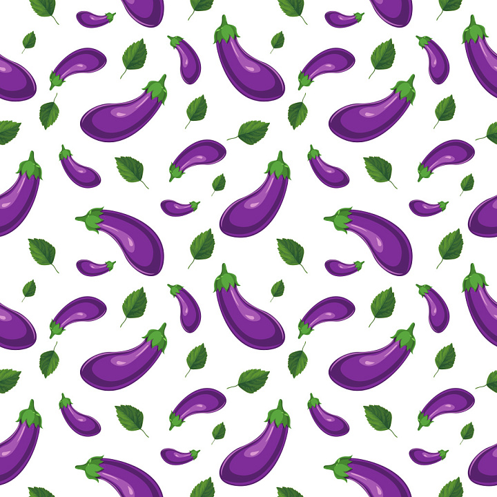 Pattern of Stylized Purple Eggplants with Green Leaves on White seamless PBR texture preview