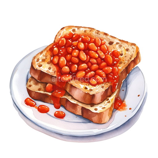 Breakfast Illustration of Baked Beans on Whole Grain Toast on a Plate