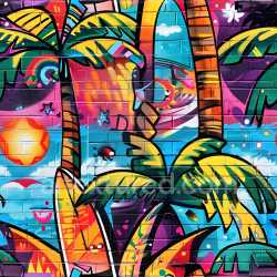 seamless Seamless 3D PBR Texture Featuring Colorful Tropical Graffiti on Brick Wall texture 8k free download PBR
