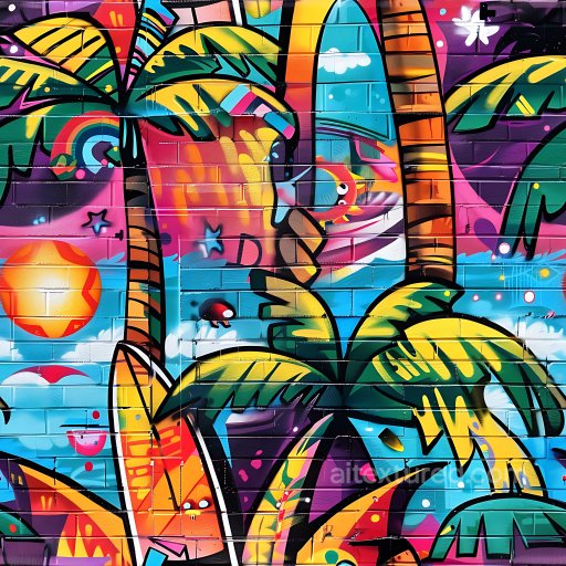 Seamless 3D PBR Texture Featuring Colorful Tropical Graffiti on Brick Wall texture preview