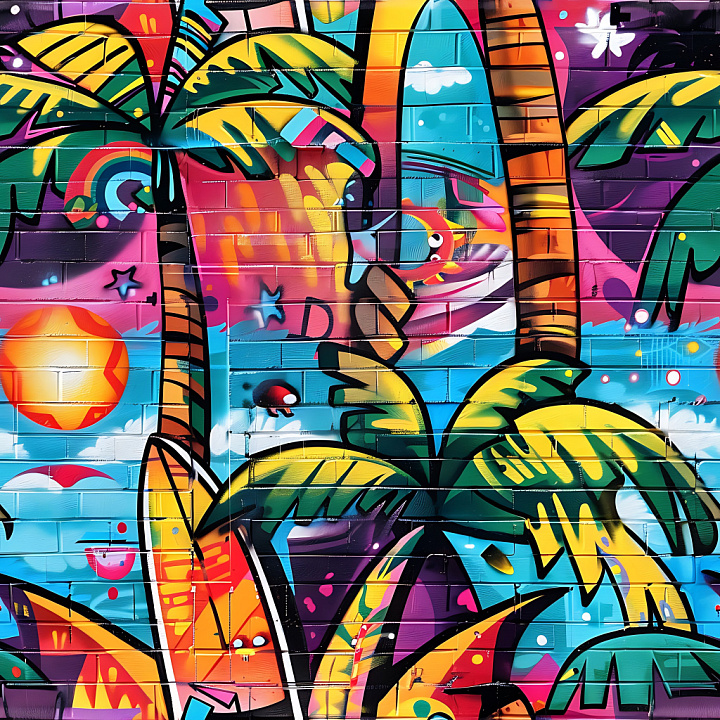 Featuring Colorful Tropical Graffiti on Brick Wall seamless PBR texture preview