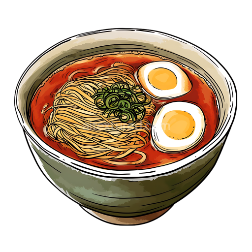 Breakfast Soba Noodles Bowl with Eggs and Scallions Illustration
