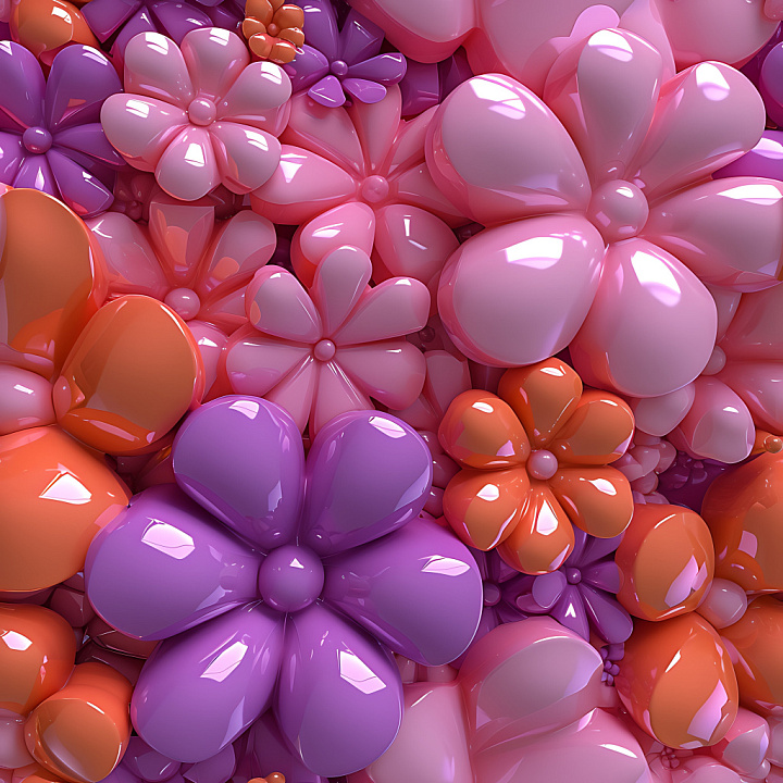 Inflated Featuring Glossy Puffy Floral Petals in Pink, Purple, and Oran… seamless PBR texture preview