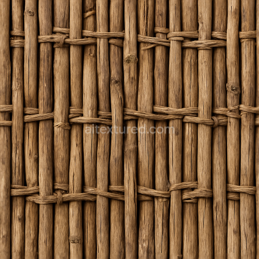 Seamless 8k 3d texture pbr bamboo fence with woven wood pattern and natural knots in dry wood finish