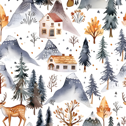 Watercolor Christmas Texture with Hand-Painted Trees, Mountains, and Cozy Houses seamless Watercolor Christmas PBR texture