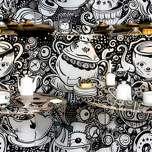 Seamless 3D PBR Graffiti Texture Featuring Black and White Cup & Teapot Illustrations