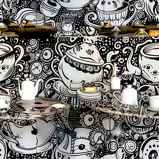 Seamless 3D PBR Graffiti Texture Featuring Black and White Cup & Teapot Illustrations texture preview