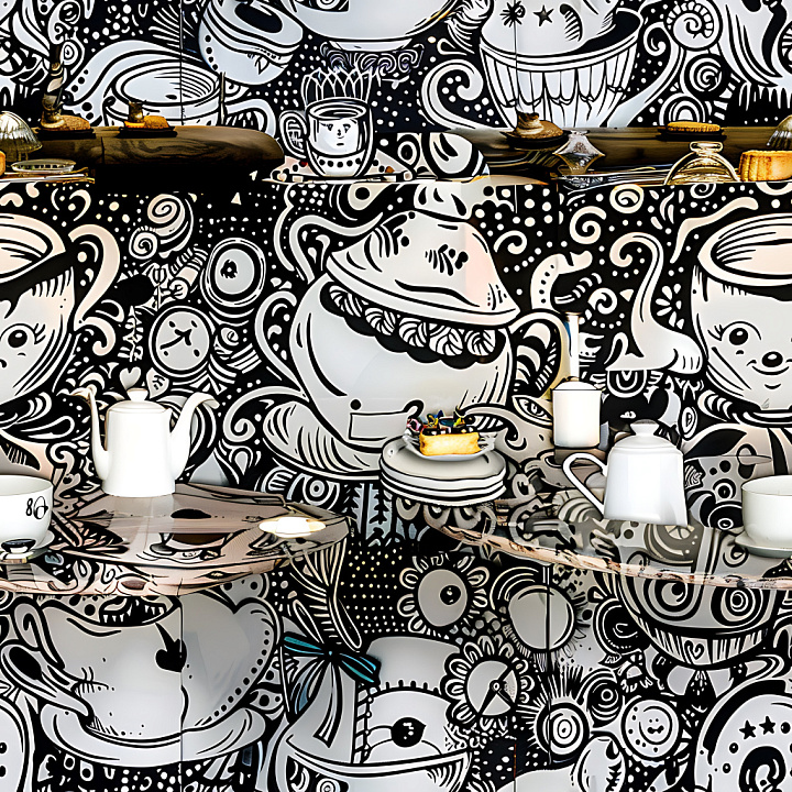 Graffiti Featuring Black and White Cup & Teapot Illustrations seamless PBR texture preview