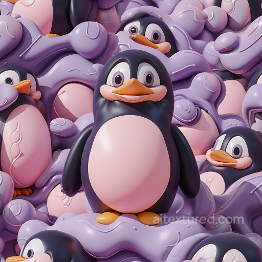 Inflated PBR Texture Featuring Purple Vinyl Inflated Pillows with Cartoon Penguins seamless Inflated PBR texture