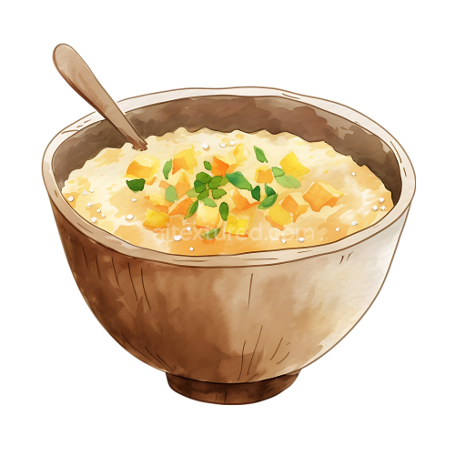 Watercolor Sorghum Porridge Breakfast Bowl with Herbs and Cubes