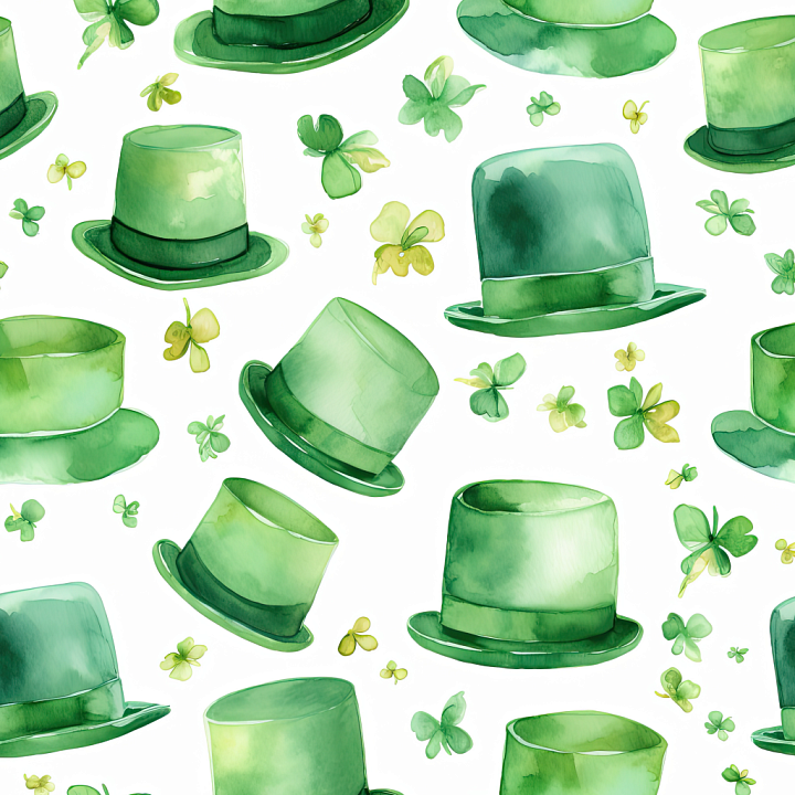 Watercolor of Green St Patrick Top Hats and Shamrocks seamless PBR texture preview