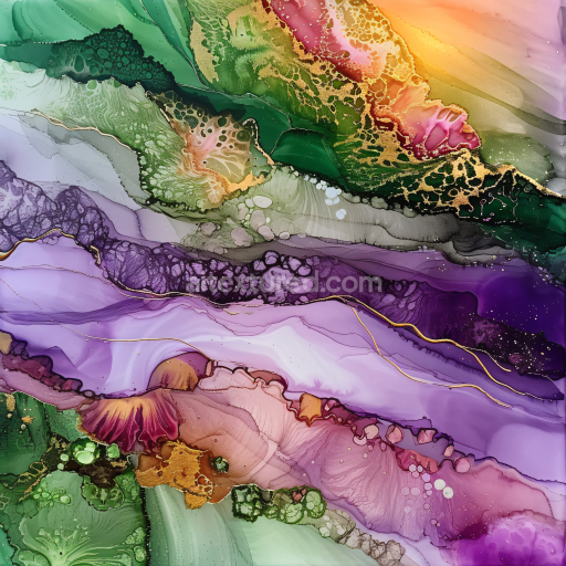 Seamless 3D Alcohol Ink PBR Texture Featuring Purple, Green, and Gold Veins with Fluid Marbling