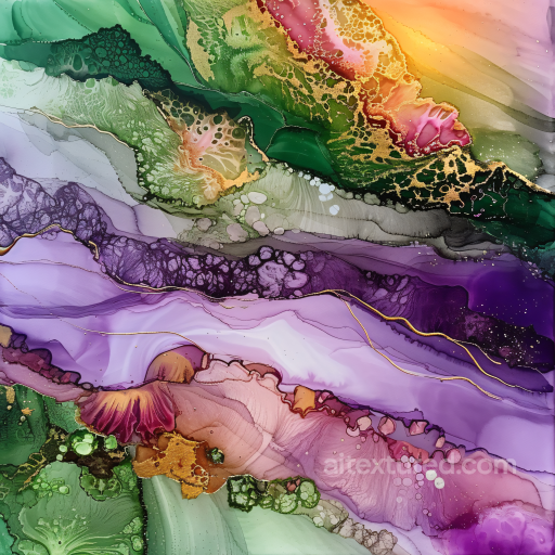 Alcohol Ink PBR Texture Featuring Purple, Green, and Gold Veins with Fluid Marbling texture preview
