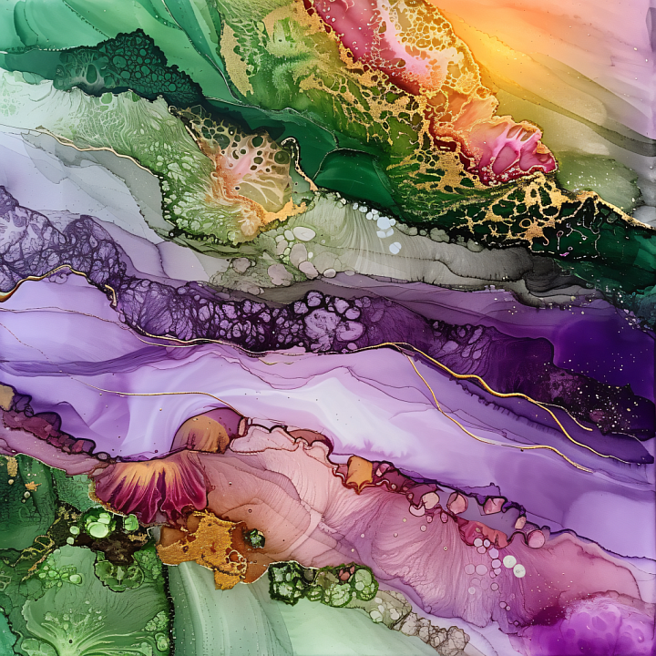 Alcohol Ink Featuring Purple, Green, and Gold Veins with Fluid Marbling seamless PBR texture preview