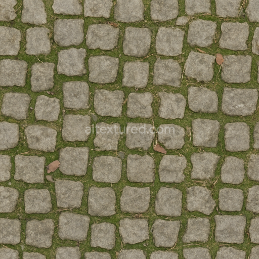 Seamless 3d texture pbr 8k cobblestone small with mossy grout and weathered edges