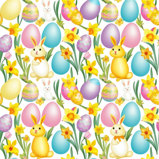 Seamless 3D PBR Texture with Colorful Easter Eggs, Bunnies, and Daffodils