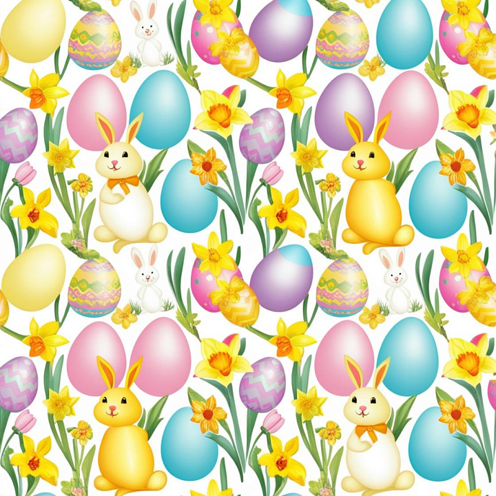 All Easter Digital paper of Easter Bunnies, Painted Eggs, and Daffodils seamless PBR texture preview