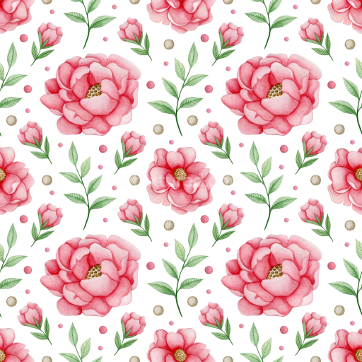 Seamless 3D PBR Texture of Pink Flower Pattern on White Background with Leaves