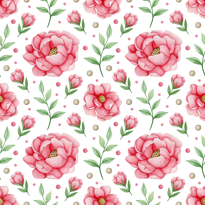 Pink Flower Pattern on White Background with Leaves seamless PBR texture preview
