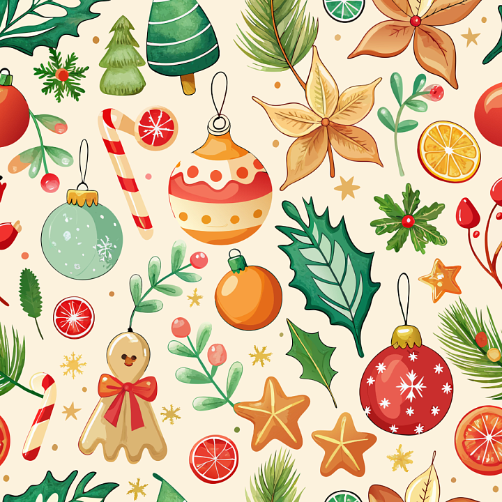 with Watercolor Christmas Ornaments and Greenery seamless PBR texture preview