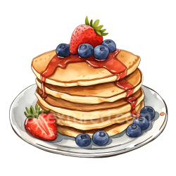 seamless Watercolor-Style Protein Pancakes Stack with Strawberries and Blueberries Breakfast PNG texture 8k free download PBR