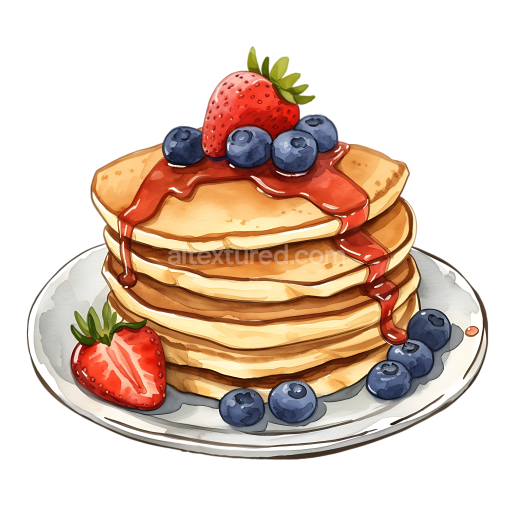 Watercolor-Style Protein Pancakes Stack with Strawberries and Blueberries Breakfast PNG