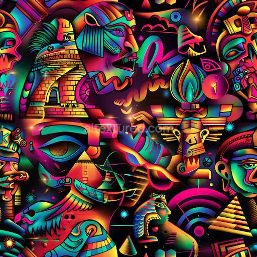 Seamless 3D PBR Texture Featuring Vibrant Neon Egyptian-Inspired Graffiti Artwork