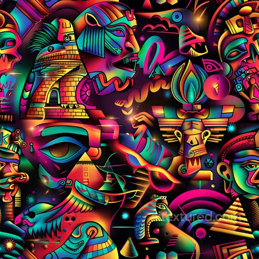 Seamless 3D PBR Texture Featuring Vibrant Neon Egyptian-Inspired Graffiti Artwork texture preview