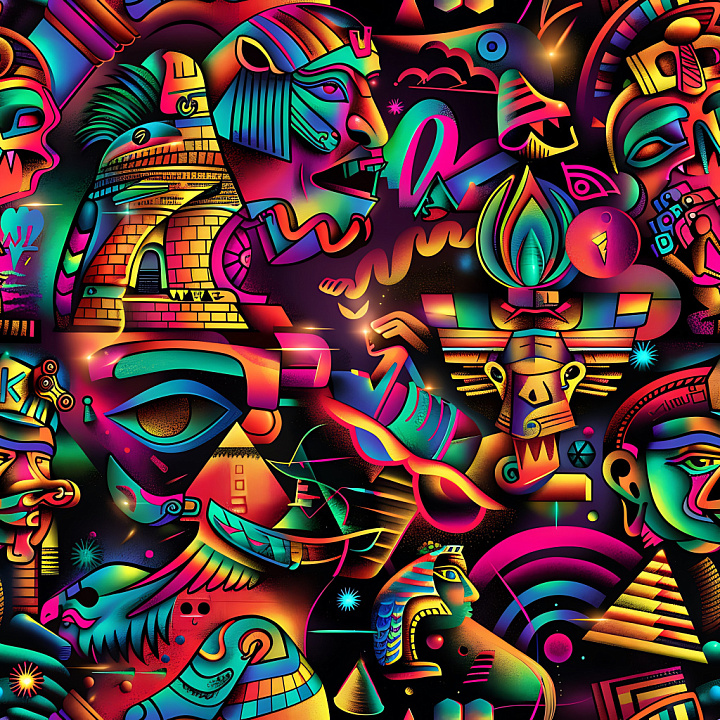 Featuring Vibrant Neon Egyptian-Inspired Graffiti Artwork seamless PBR texture preview