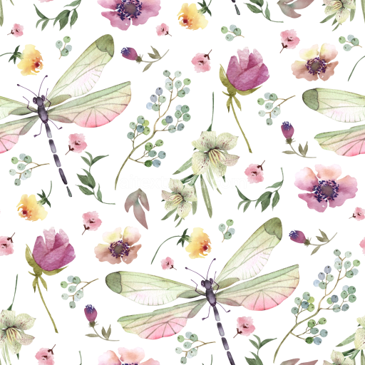 Seamless 3D PBR texture of delicate watercolor dragonflies with floral elements