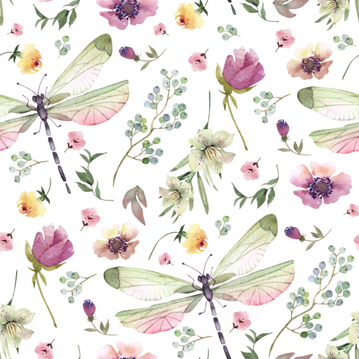 Of Delicate Watercolor Dragonflies With Floral Elements seamless Dragonfly PBR texture