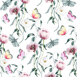 seamless Seamless 3D PBR Texture of Watercolor Floral Butterflies and Leaves on Fabric texture 8k free download PBR