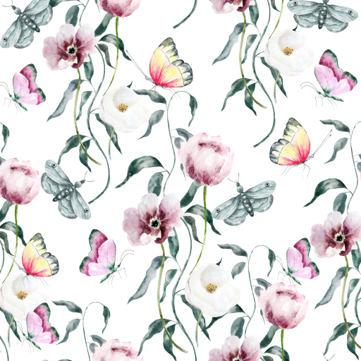 Seamless 3D PBR Texture of Watercolor Floral Butterflies and Leaves on Fabric