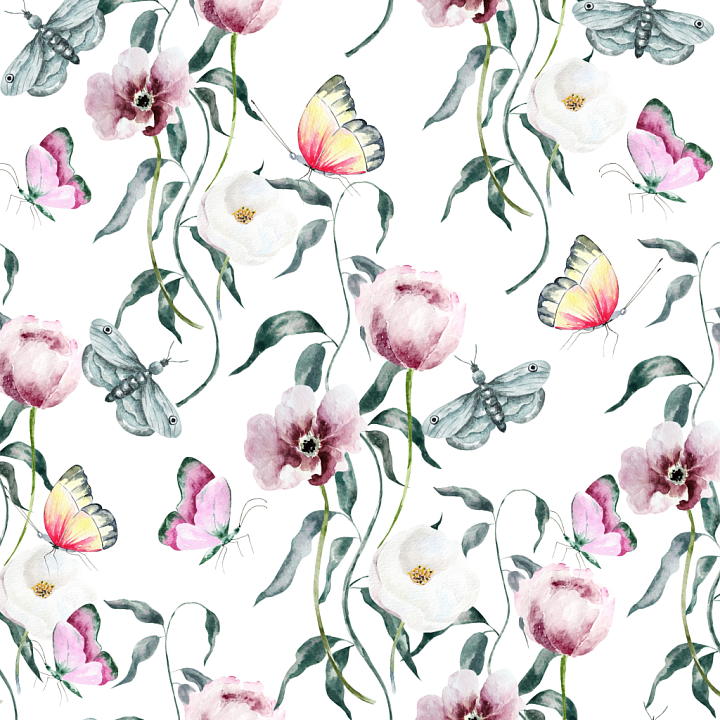 Watercolor Butterflies of Watercolor Floral Butterflies and Leaves on F… seamless PBR texture preview
