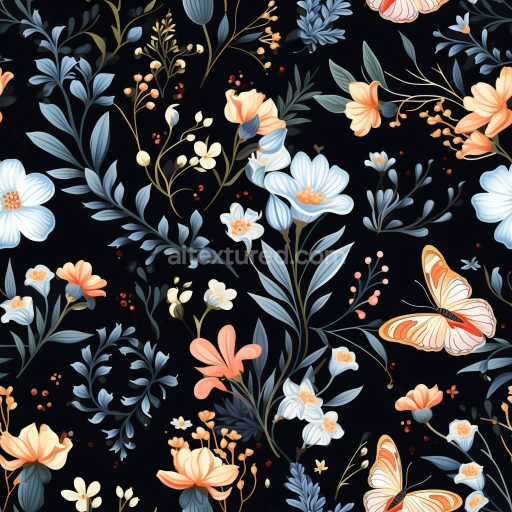 Seamless 3D PBR Watercolor Floral and Butterfly Pattern Fabric Texture