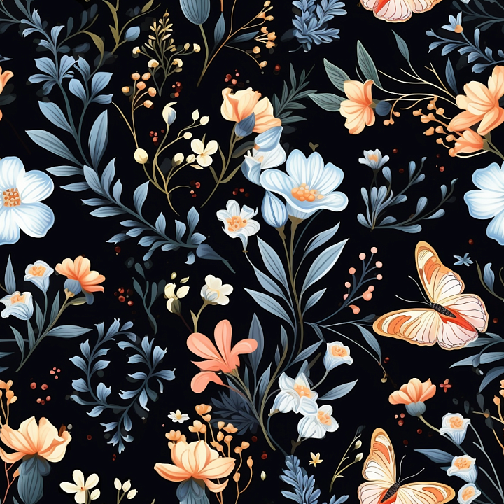 Watercolor Floral and Butterfly Pattern Fabric seamless PBR texture preview