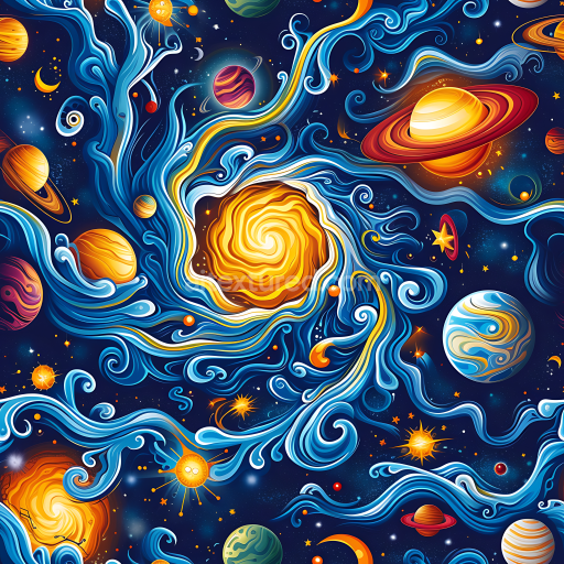 Seamless 3D Space PBR Texture Featuring Vibrant Stylized Nebula and Planetary Swirls