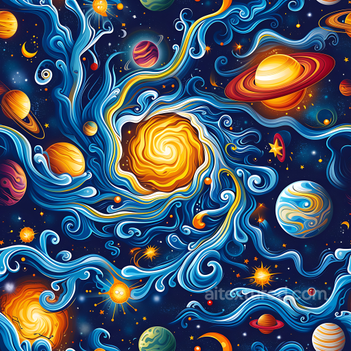 Space PBR Texture Featuring Vibrant Stylized Nebula and Planetary Swirls seamless Star, space, planets PBR texture