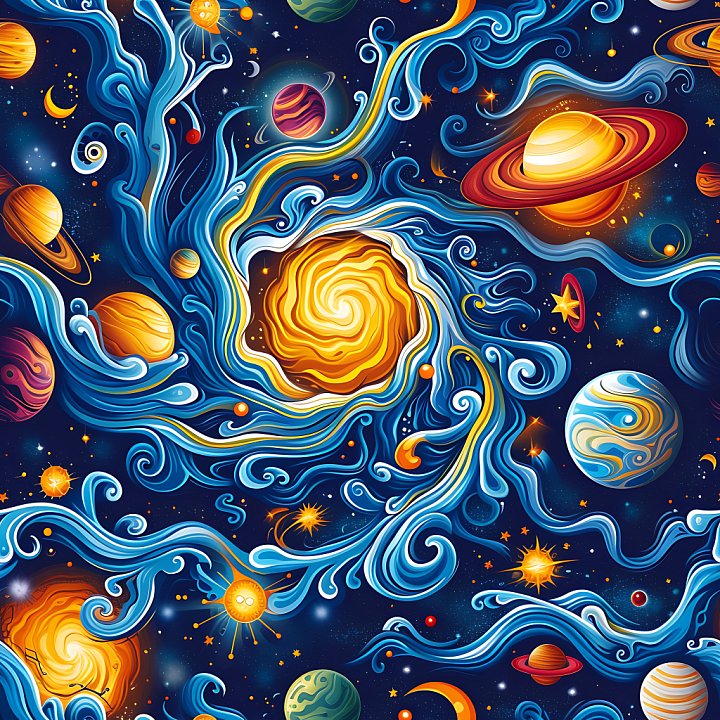 Space Featuring Vibrant Stylized Nebula and Planetary Swirls seamless PBR texture preview