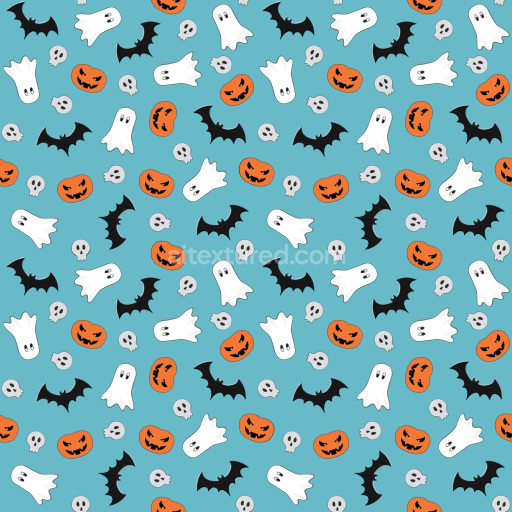 Seamless 3D PBR playful Halloween-themed fabric texture with ghosts, pumpkins, bats