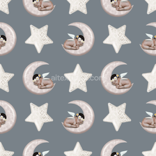 Seamless 3D PBR Texture with Sleeping Angel Baby and Stars on Soft Fabric