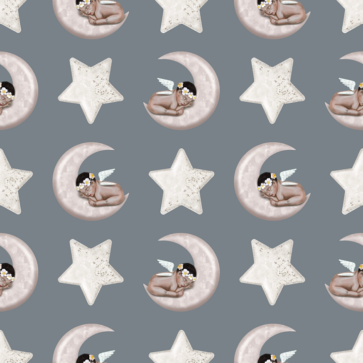 with Sleeping Angel Baby and Stars on Soft Fabric seamless PBR texture preview